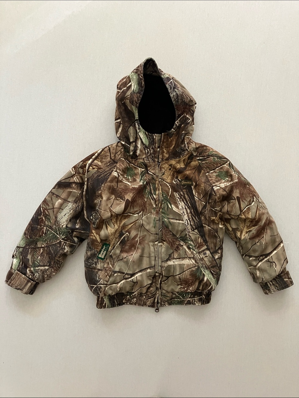 Kids Realtree-Style Hooded Camo Puffer Jacket — Brown/Green